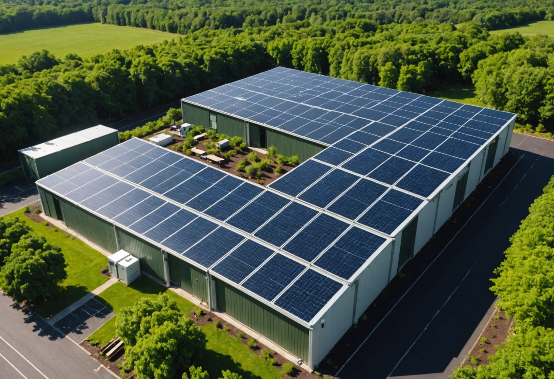 Capture an expertly designed eco-friendly storage facility, showcasing solar panels, energy-efficient materials, and green certifications prominently displayed, set against a backdrop of lush greenery, embodying sustainability and environmental consciousness under a clear, sunny sky.