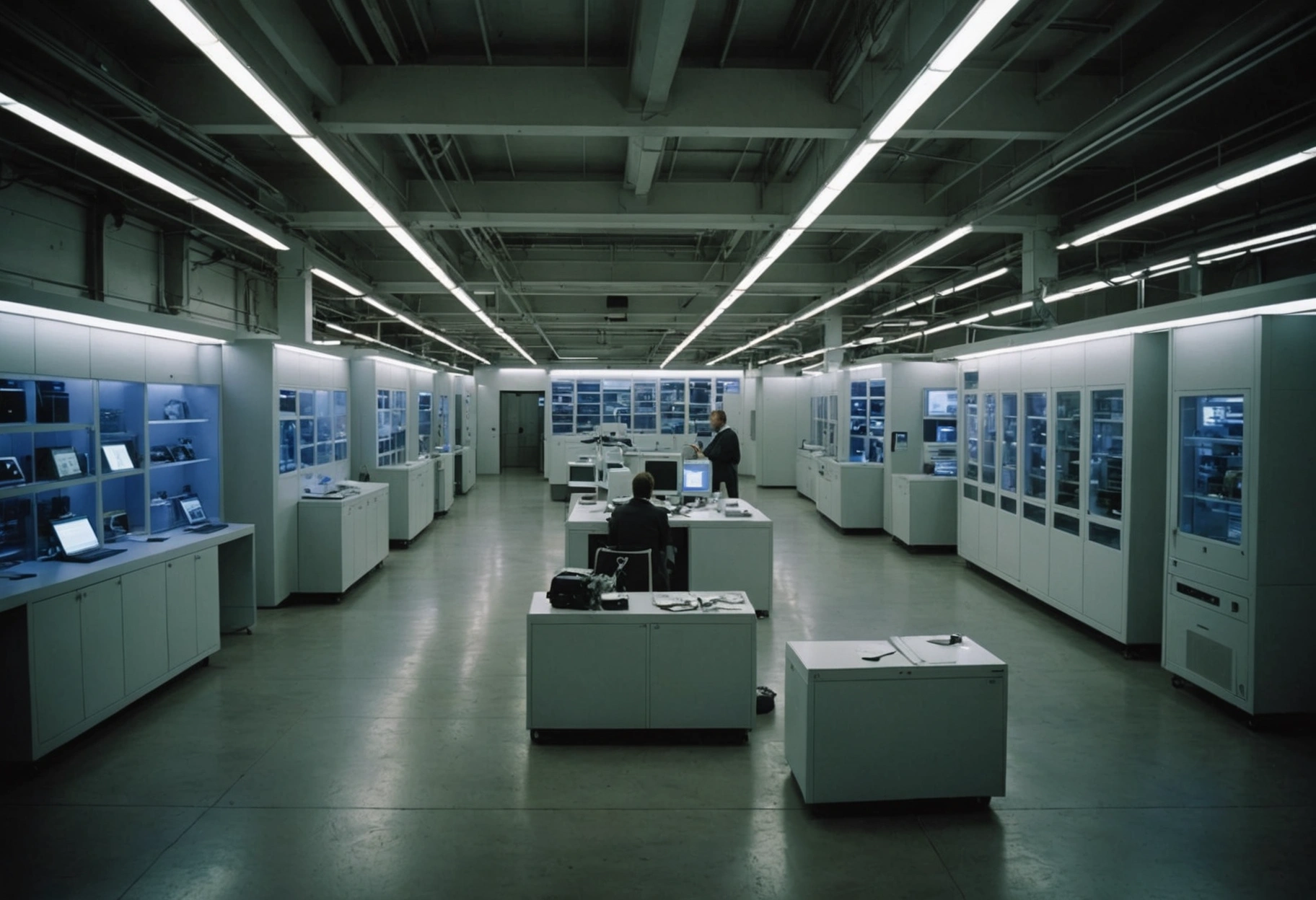 Create a dynamic image of a futuristic, efficient storage environment where advanced technologies and engaged employees coexist in harmony, set against a backdrop emphasizing sustainability, with flexible storage solutions adapting seamlessly, illuminated by innovative, soft lighting.