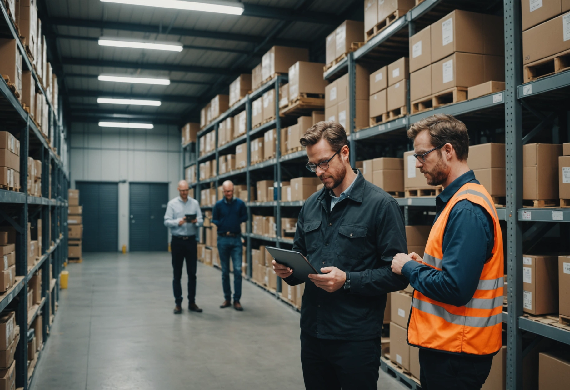Depict a modern storage facility undergoing a meticulous evaluation, with professionals using digital tablets to assess storage infrastructure, surrounded by a mix of new and traditional storage systems, reflecting a commitment to innovation and proactive problem-solving in soft daylight.
