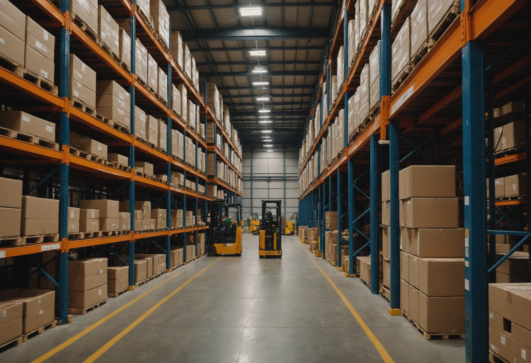 Illustrate a warehouse making the most of its vertical space with high shelving units and employees safely using forklifts and ladders, showcasing an efficient and organized environment; the scene exudes safety and order with a neutral, practical color palette.