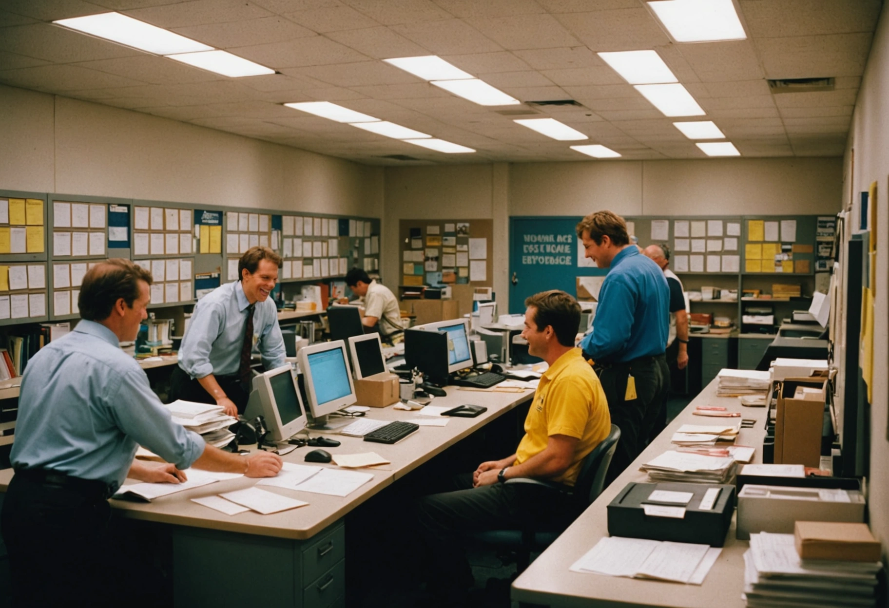 Visualize an enthusiastic workplace scene where employees are actively engaged in organizing storage areas, with a visible rewards board highlighting achievements and smiling faces, projecting a sense of pride and teamwork, all under bright, motivational lighting.