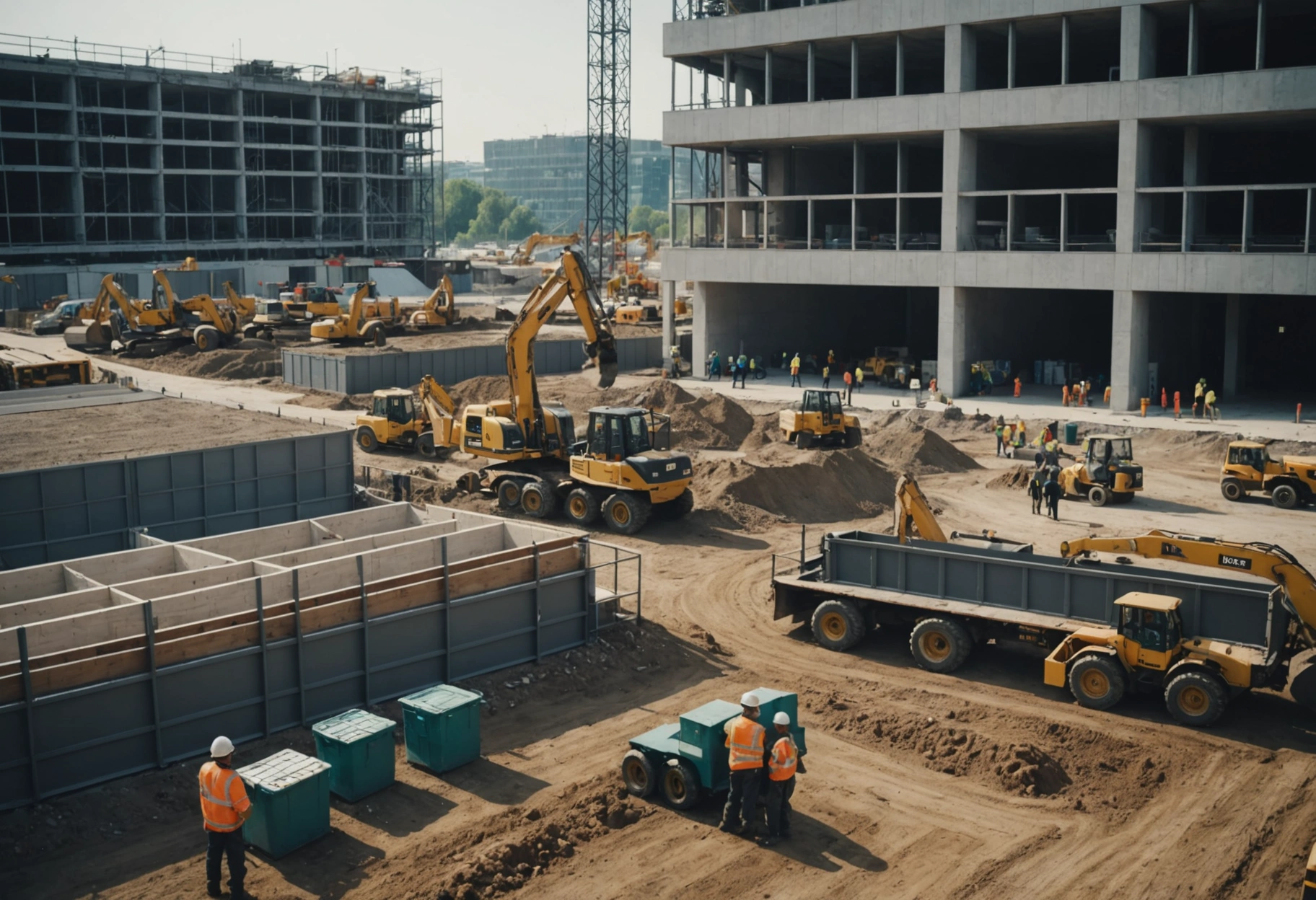 A bustling construction site with workers gathered around a central storage hub, which acts as