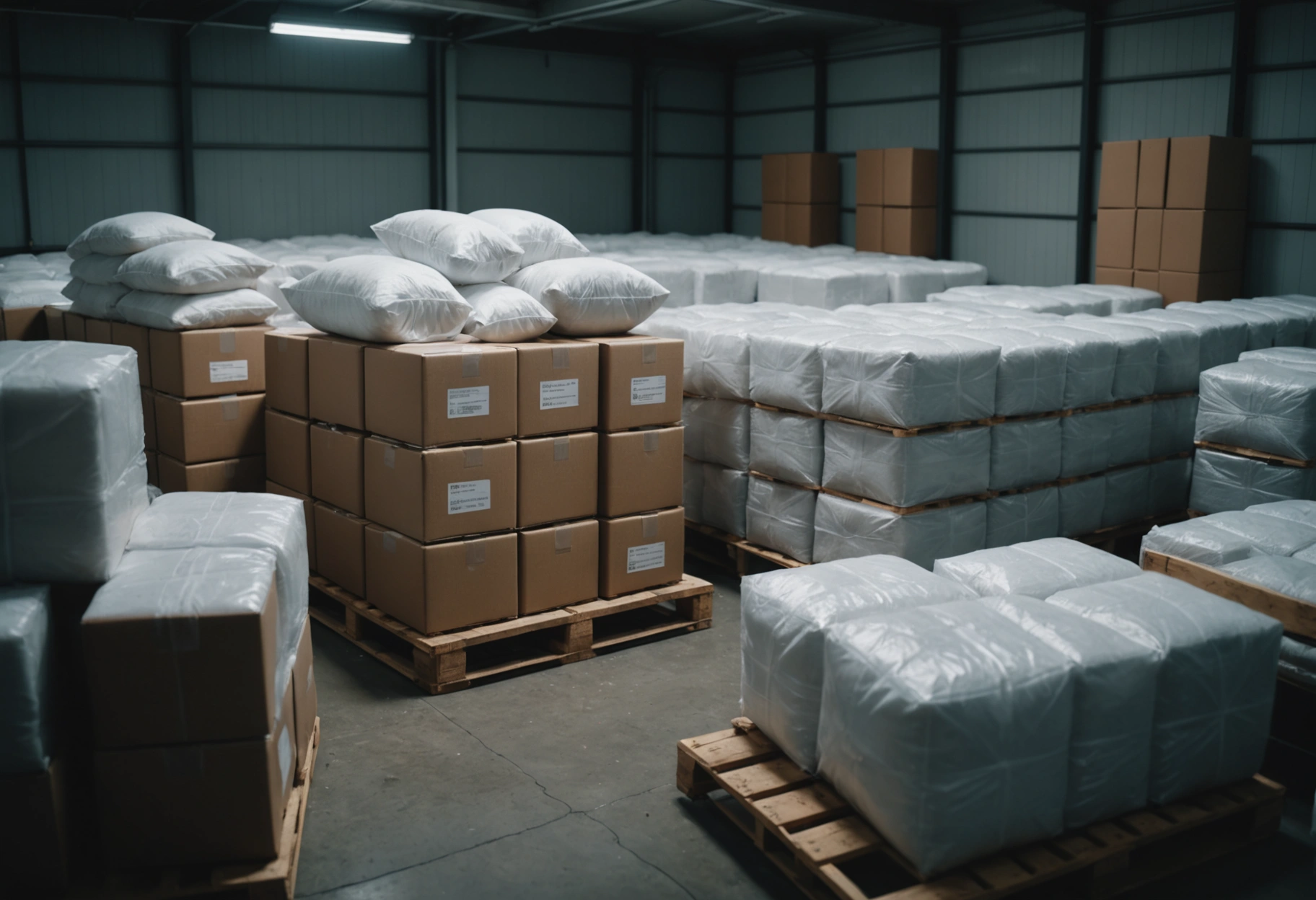 Organized storage space with silica gel packets, elevated furniture, and covered couches