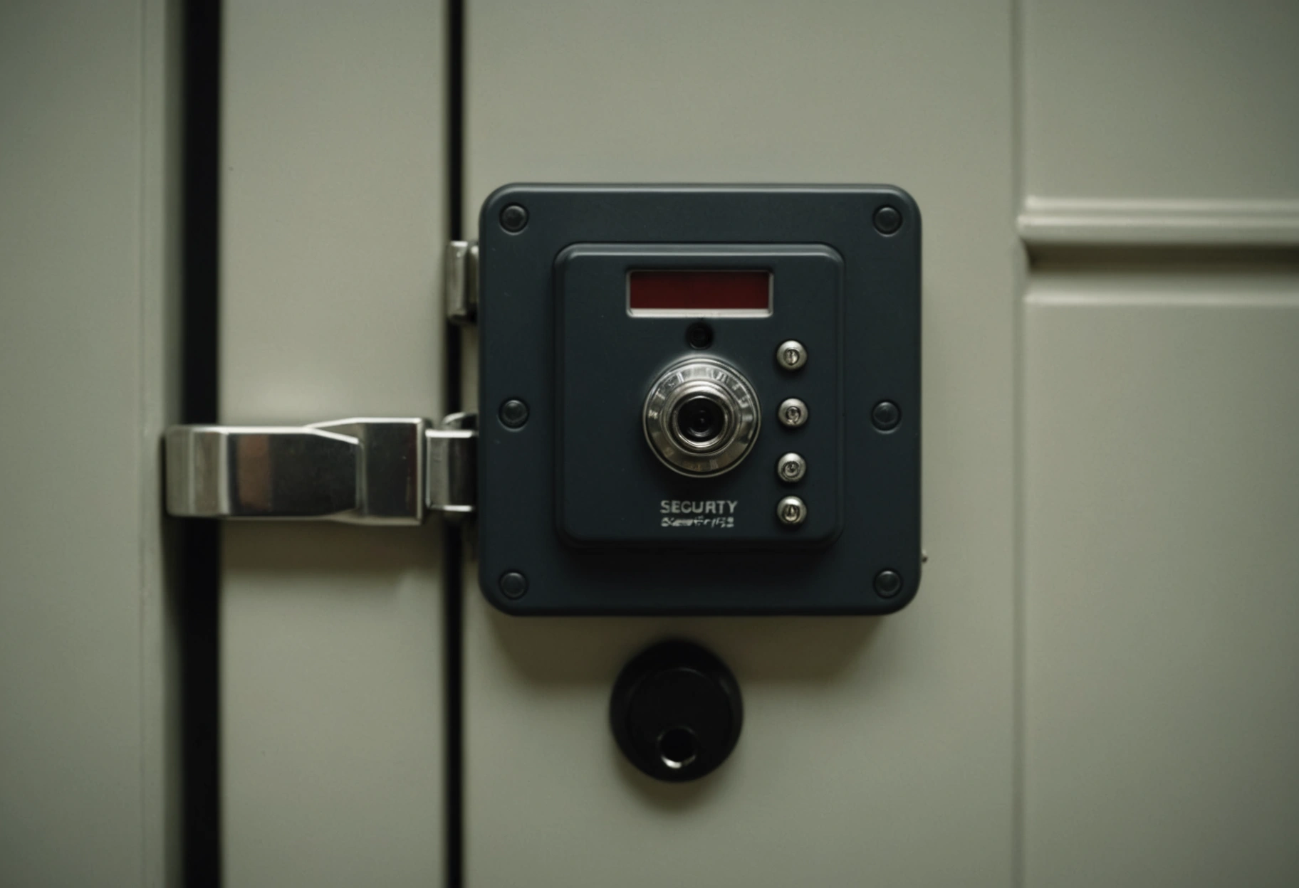 Close-up of a secure storage unit door with high-security lock and visible security camera