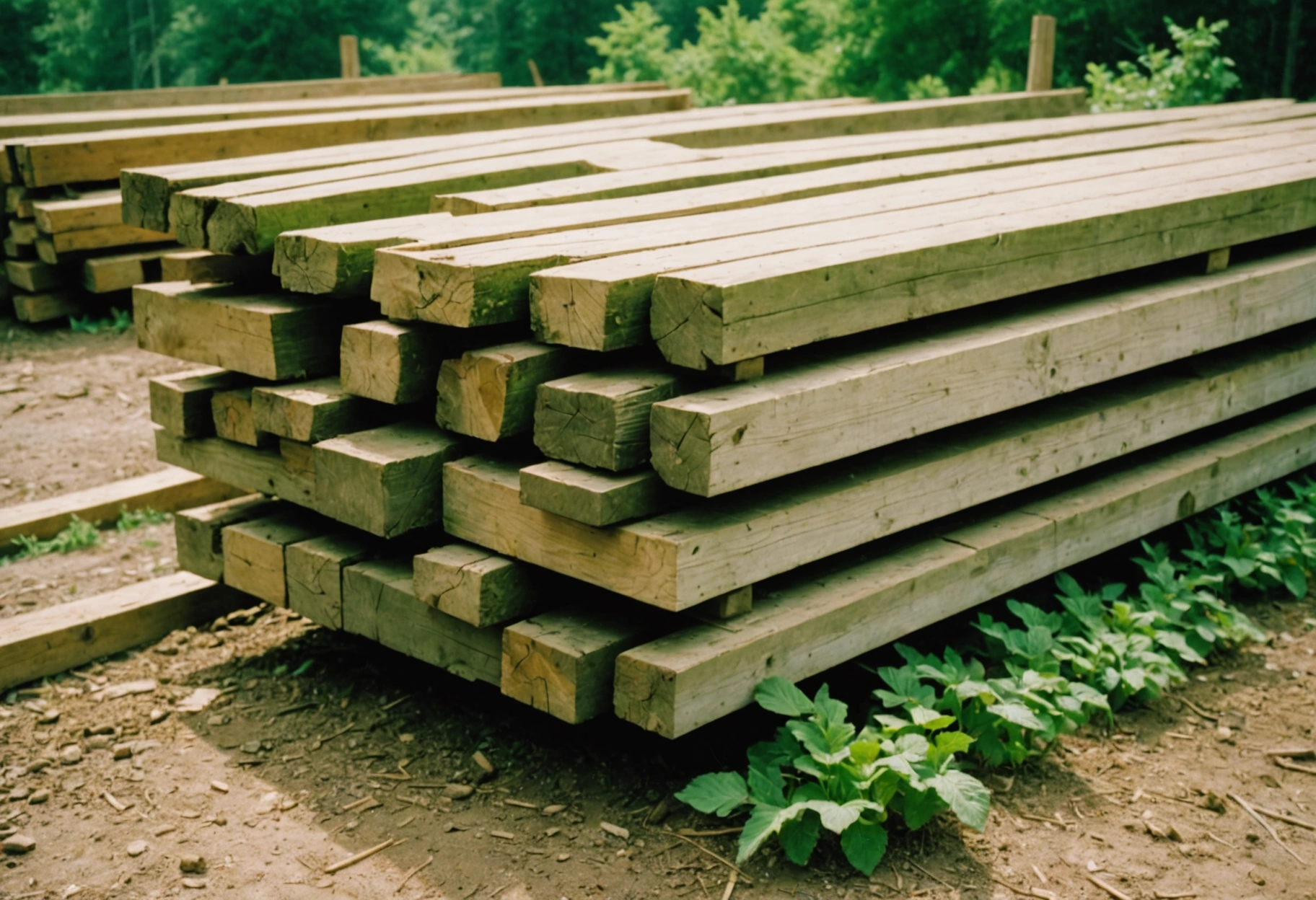 A close-up of protected lumber and organic materials stored in a dry, well-ventilated area on