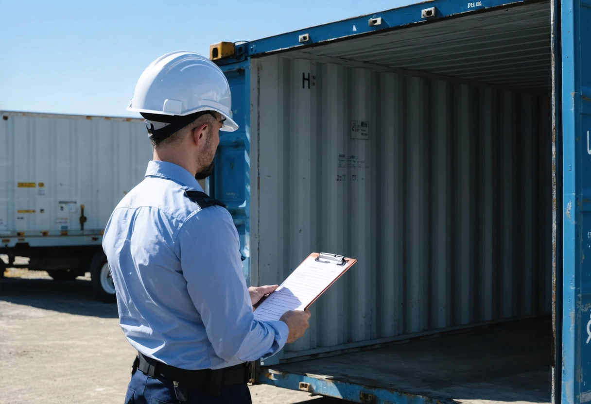 Compliance officer inspecting organized storage container contents with checklist clipboard in professional setting