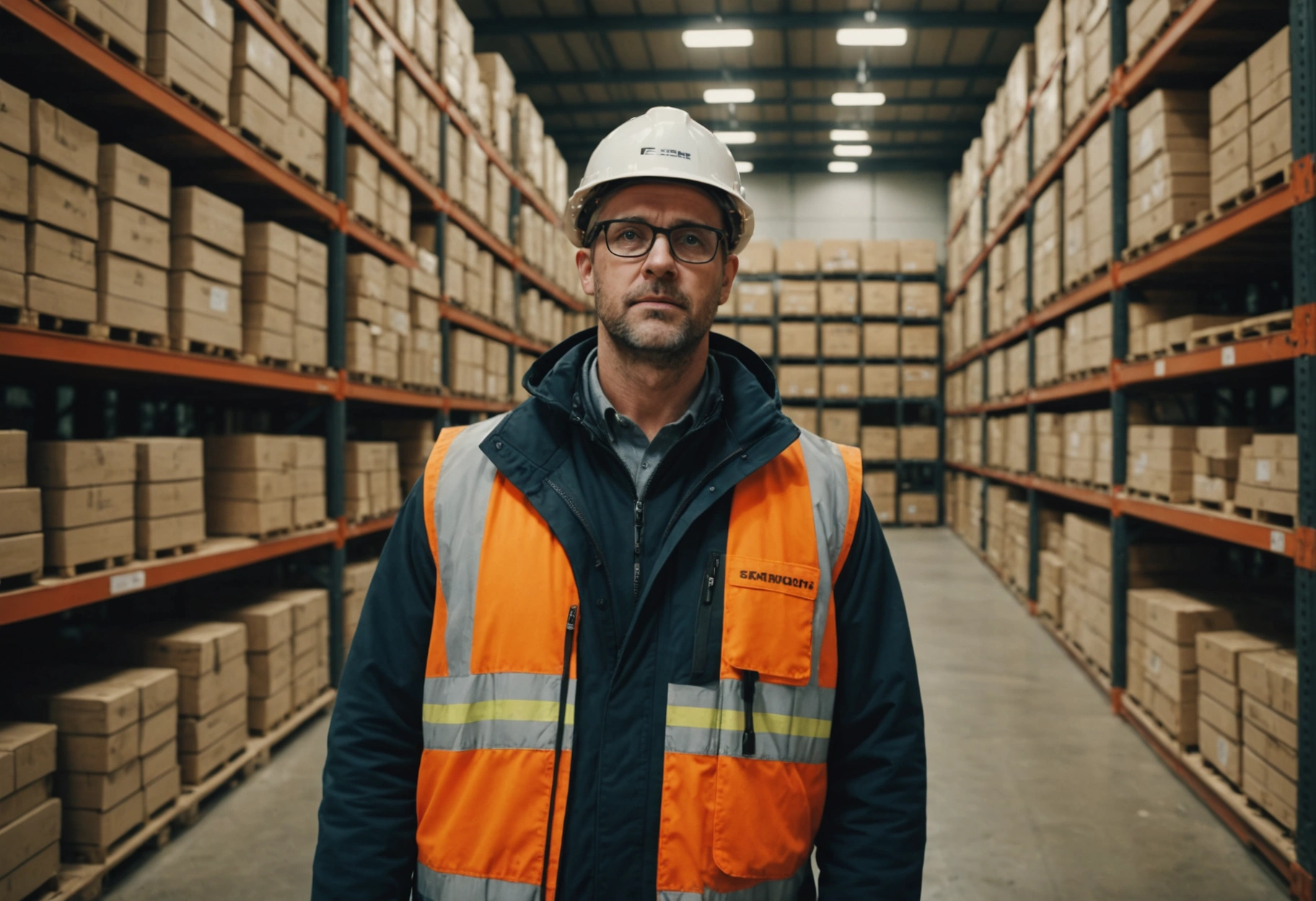 A construction manager standing in front of a well-organized central storage area, surrounded by neatly
