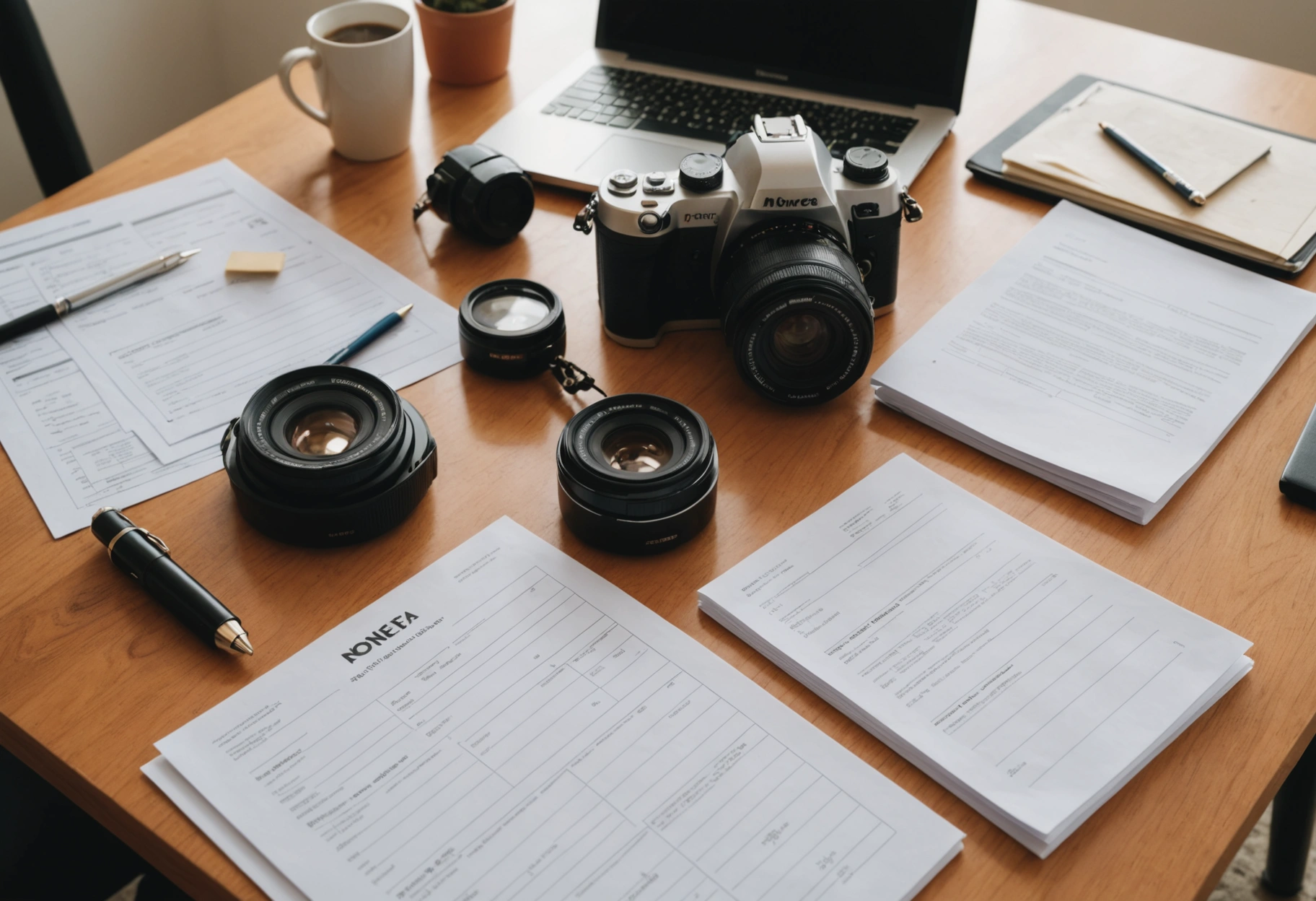 Desktop with insurance forms, receipts, camera, and photographed valuables in natural daylight