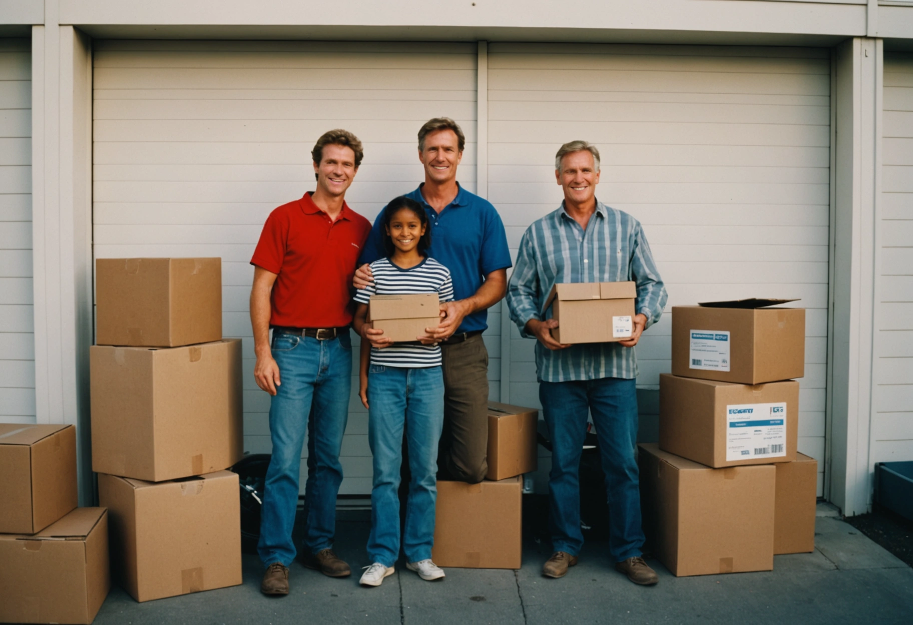 Family closing secure storage facility door at sunset with well-packed, protected belongings