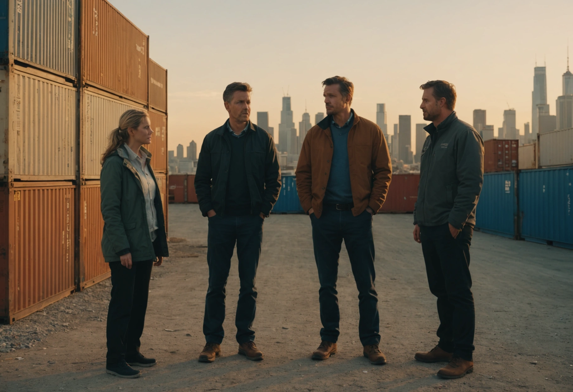 Family, contractor, and business owner near labeled storage containers, city skyline and multi-story containers in background