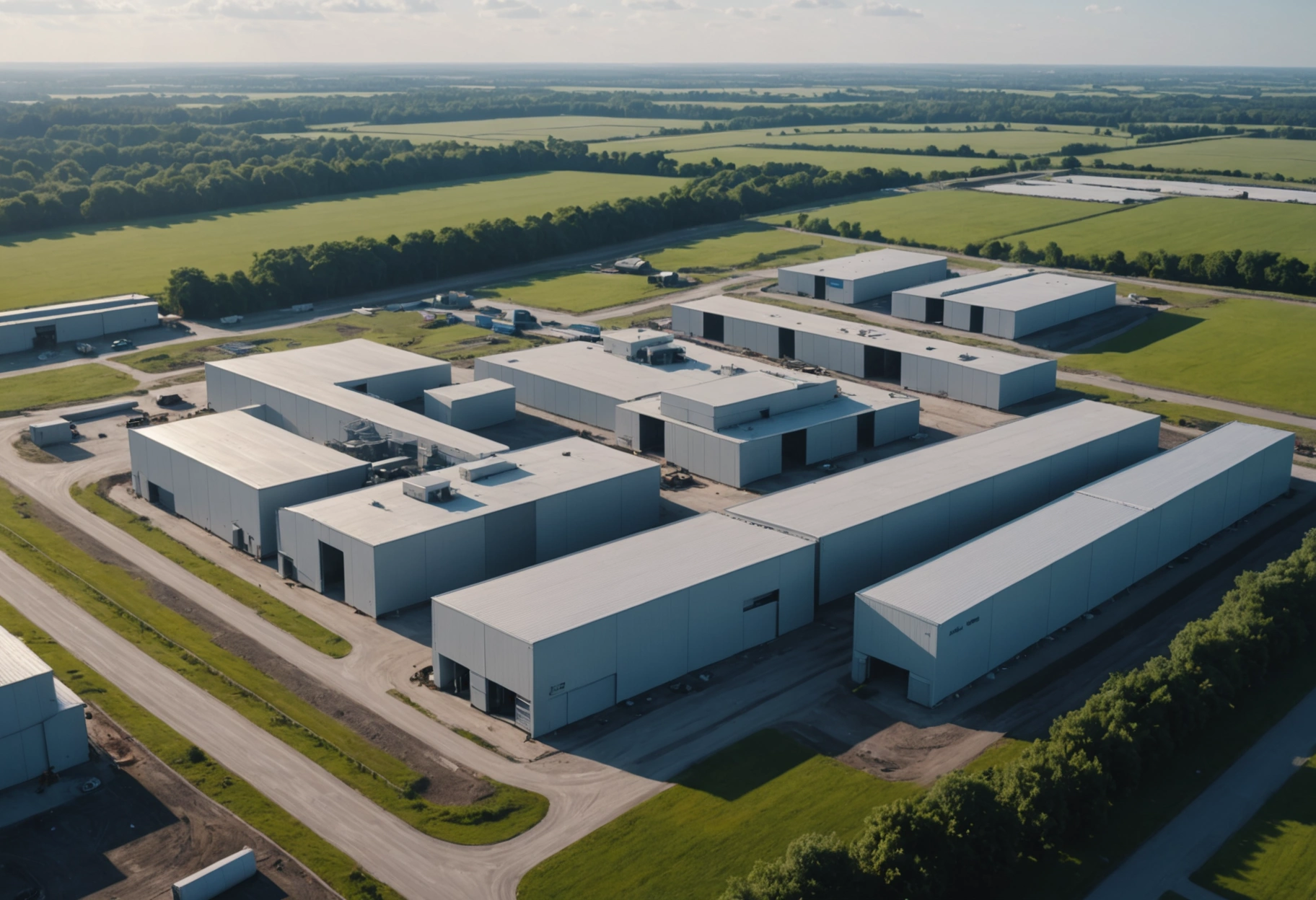 A futuristic construction site with state-of-the-art storage facilities, sleek and modern in design, seamlessly integrated