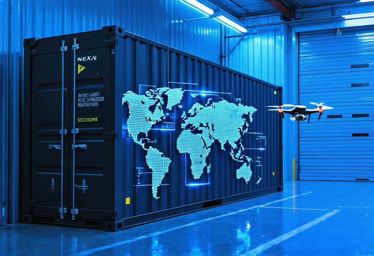 Futuristic storage container with holographic security displays and AI monitoring drones under blue lighting