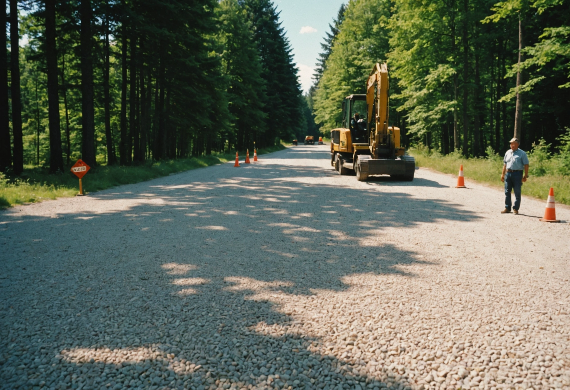 Delivery truck positioning storage container on level gravel pad with measuring tape and construction markers