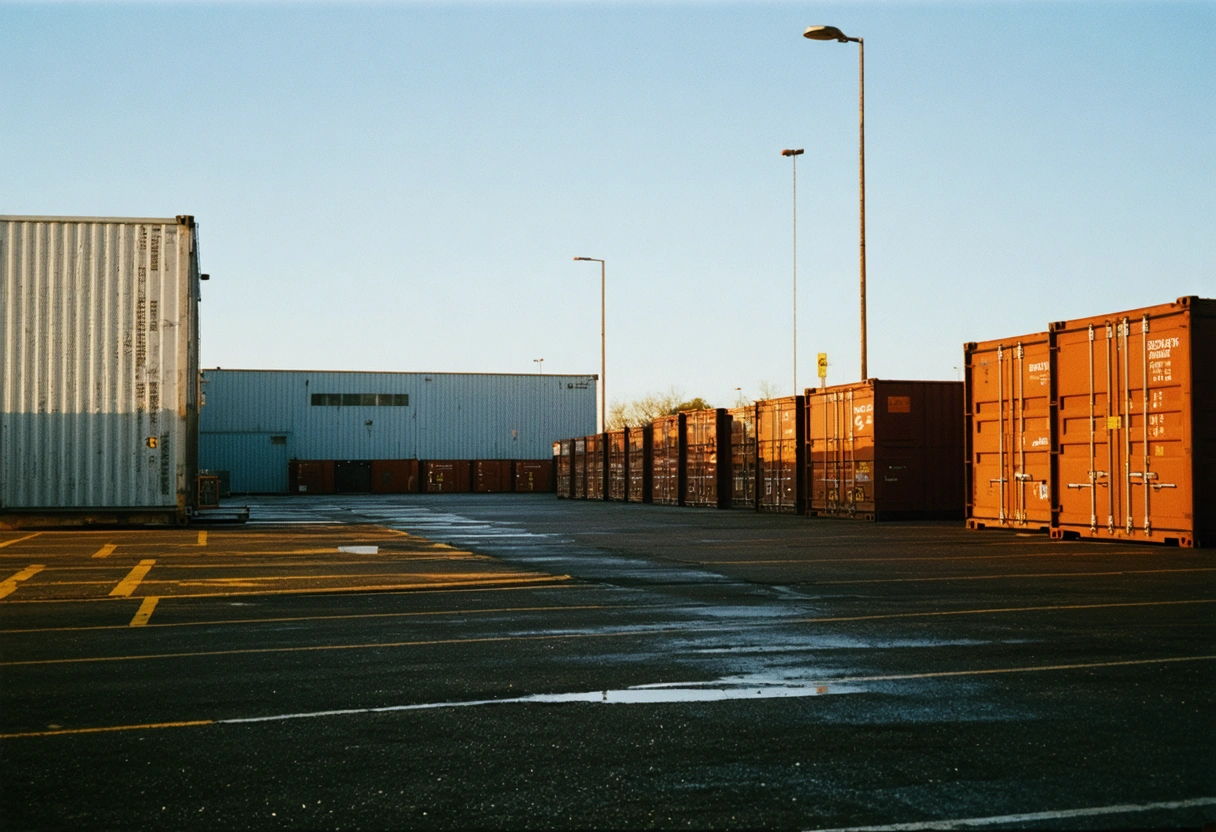 Modern business campus at sunset with strategically placed storage containers symbolizing scalable growth solutions