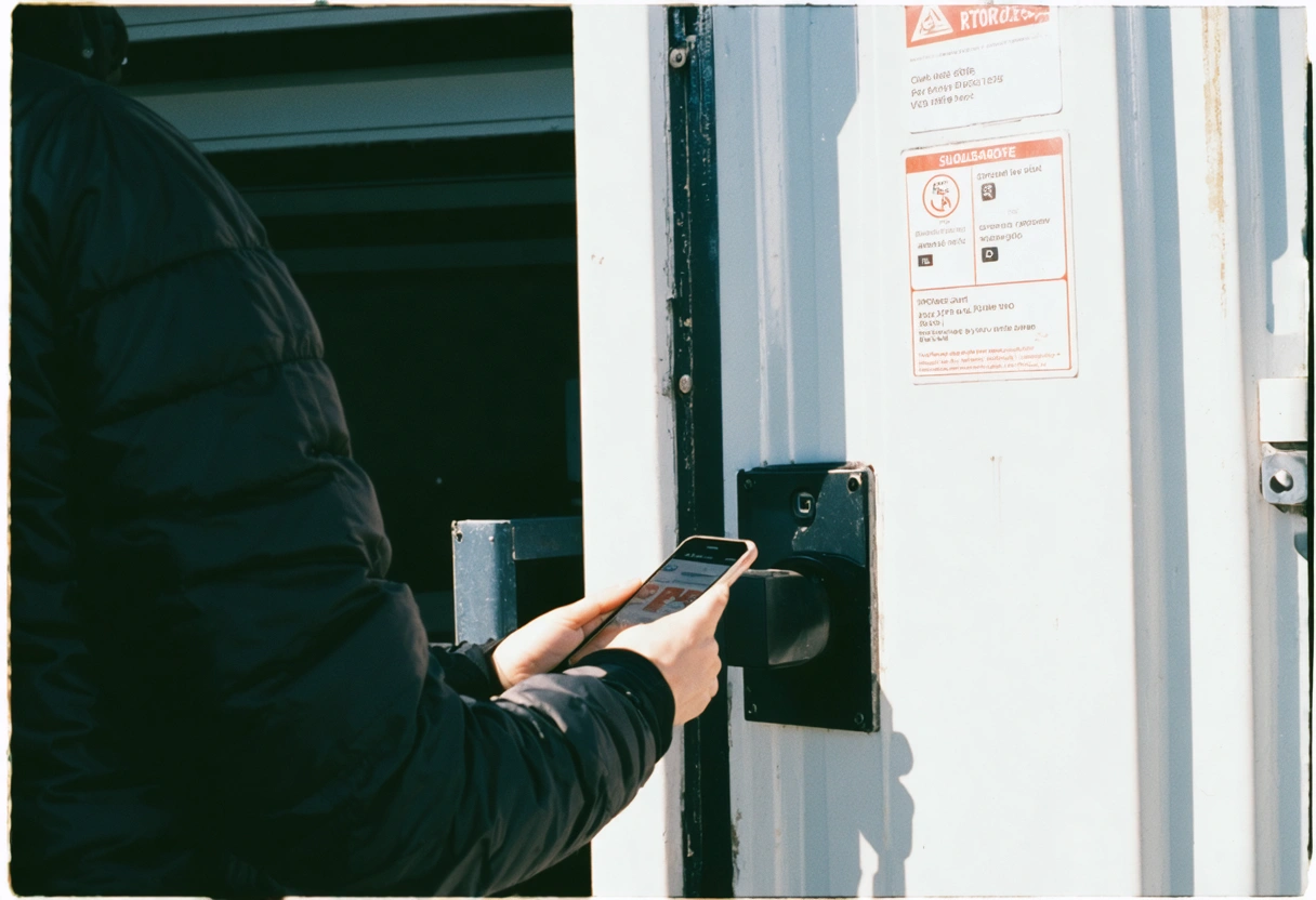 Person unlocking on-site storage container using mobile app with digital interface visible