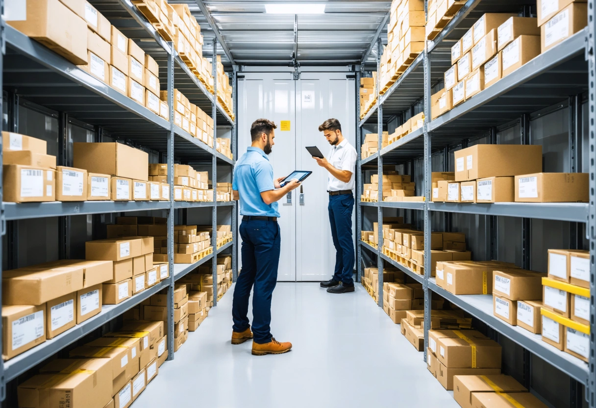 Storage container interior with labeled shelves, barcode scanners, and tablets as employees perform inventory check