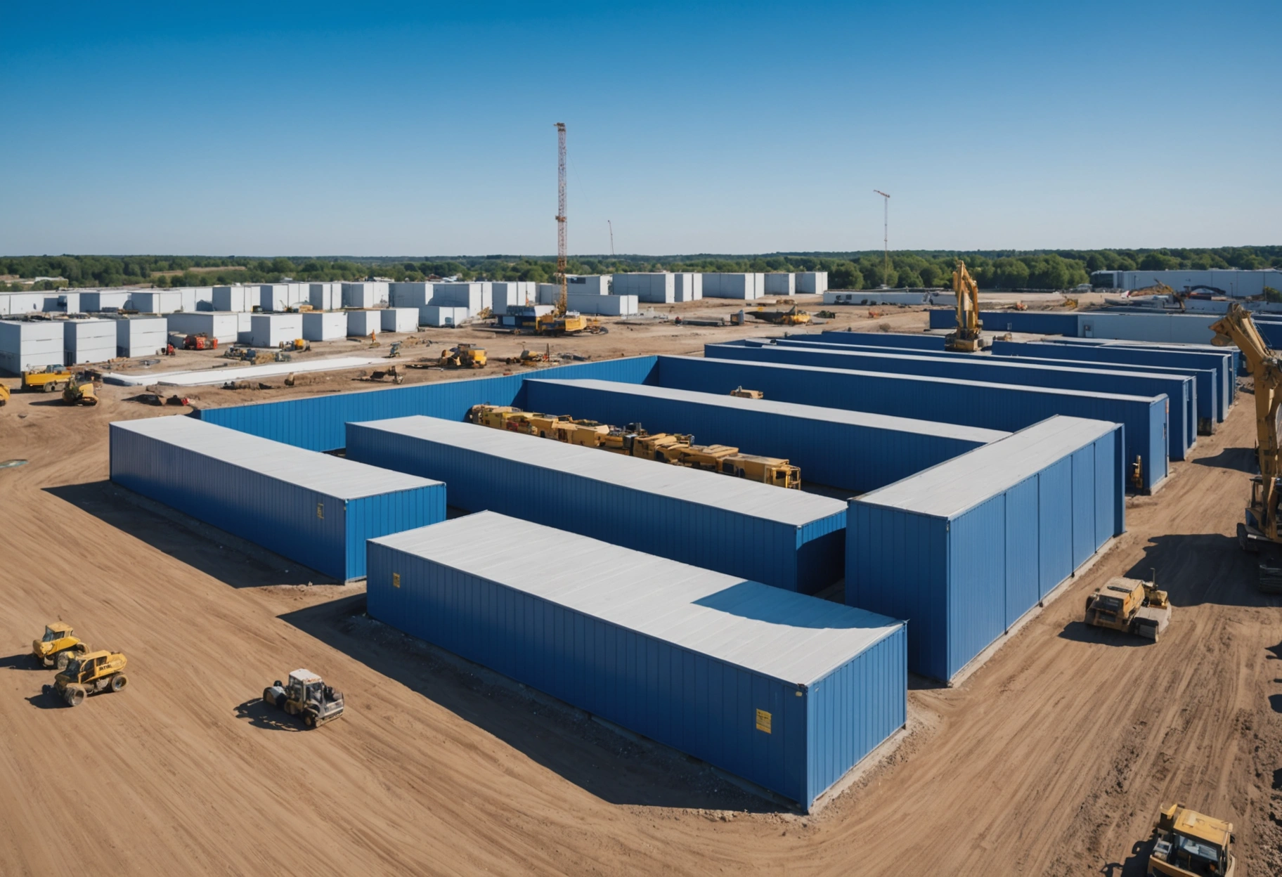 A time-lapse sequence of a construction site evolving from having a few storage units to