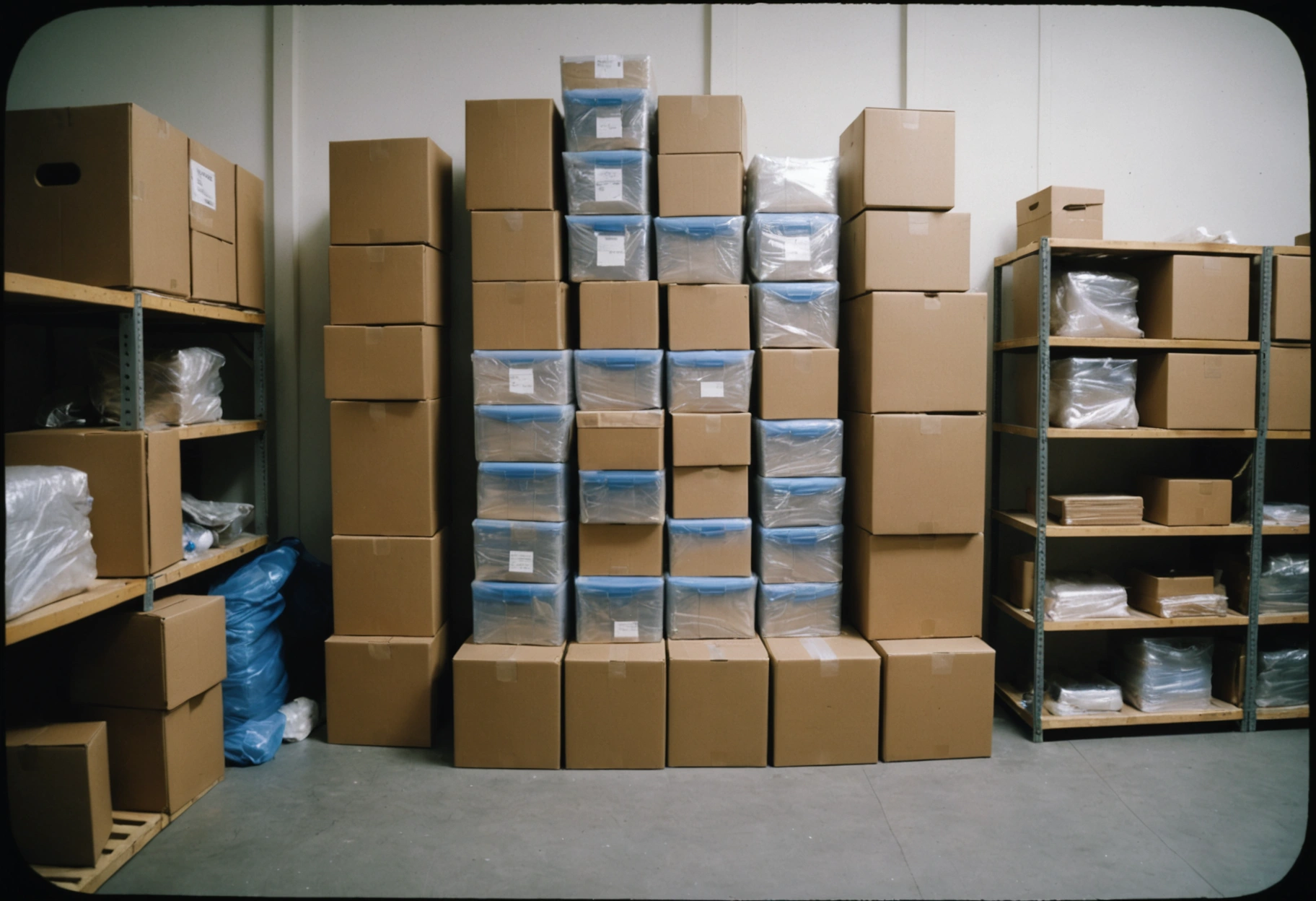 Neatly stacked labeled boxes and wrapped furniture in a clean, well-lit storage unit