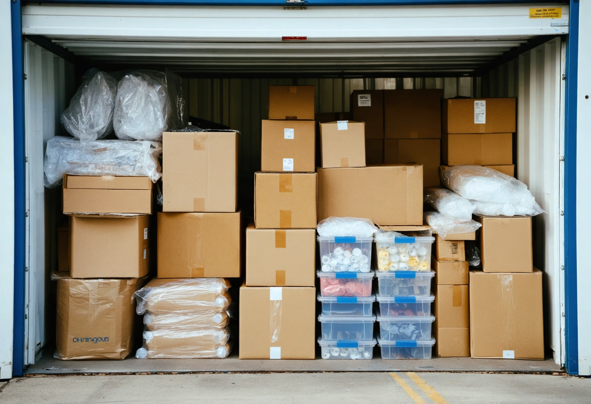 Neatly arranged boxes, bins, and packing materials inside a well-lit storage container