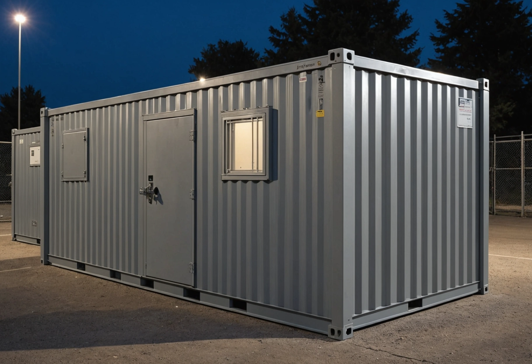 Close-up of storage container lock, reinforced doors, and surveillance camera in secure facility at dusk
