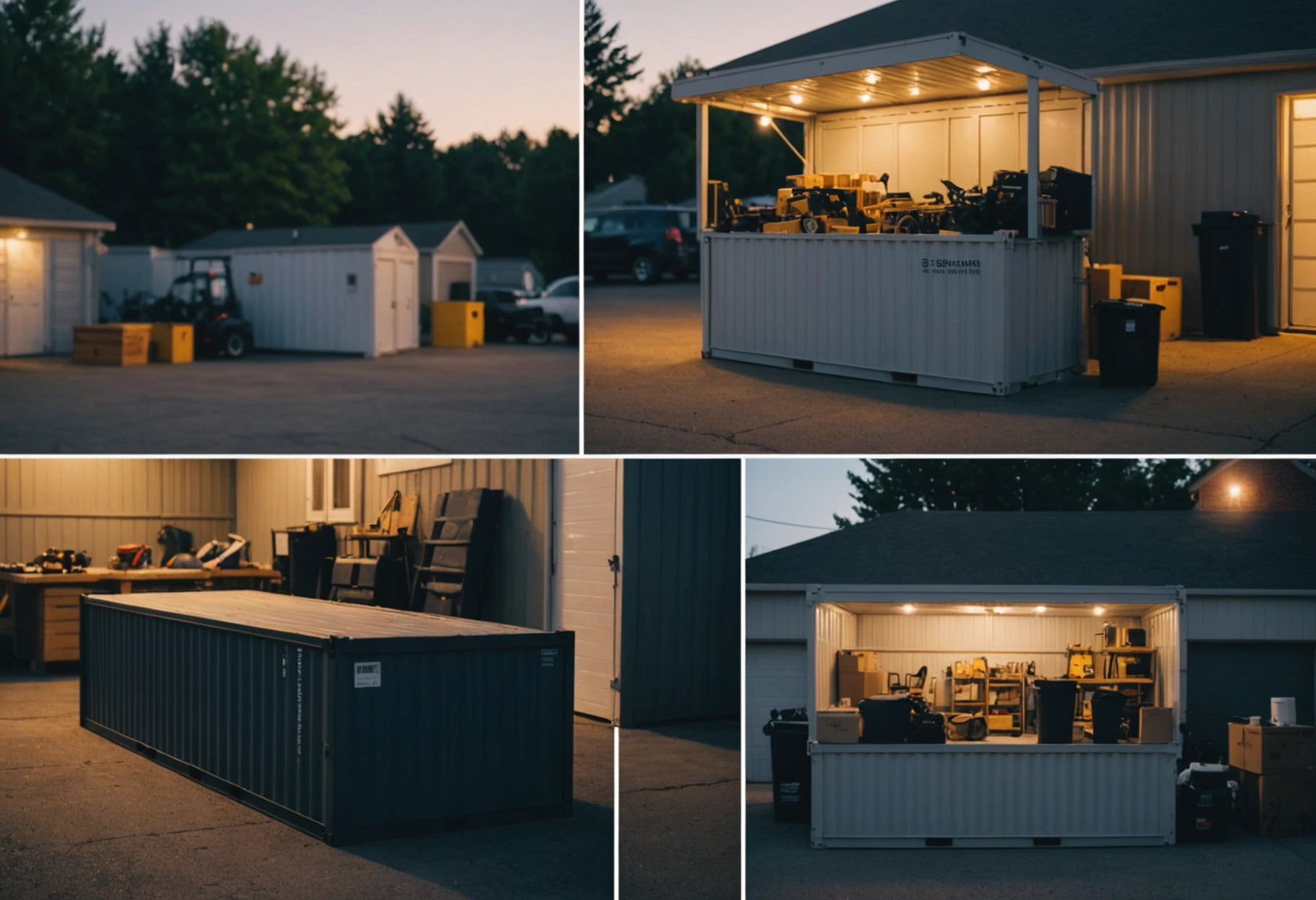 Collage showing storage container in backyard with boxes, construction site with tools, and retail lot with inventory