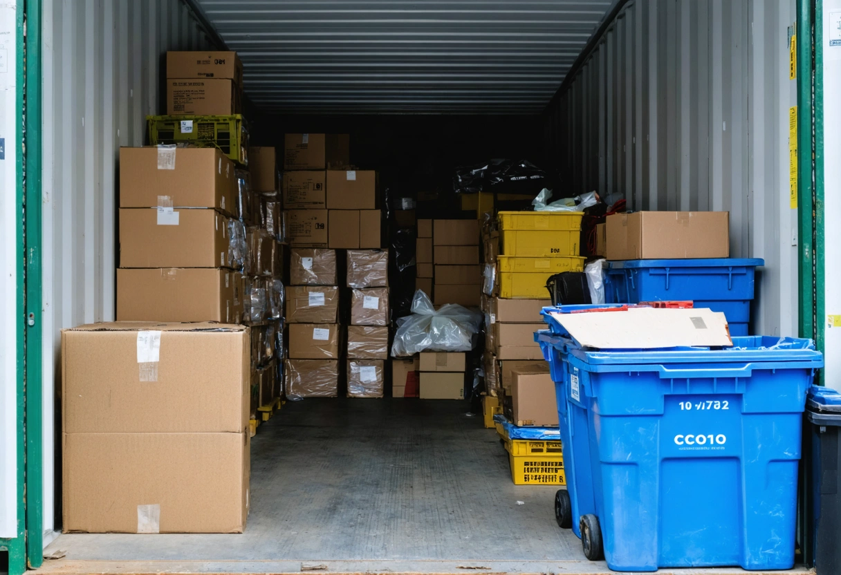 Cluttered storage container with overpacked, unlabeled boxes blocking the aisle in dim lighting