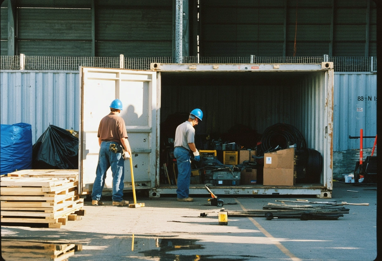 Construction workers accessing tools and materials from an organized storage container in early morning light