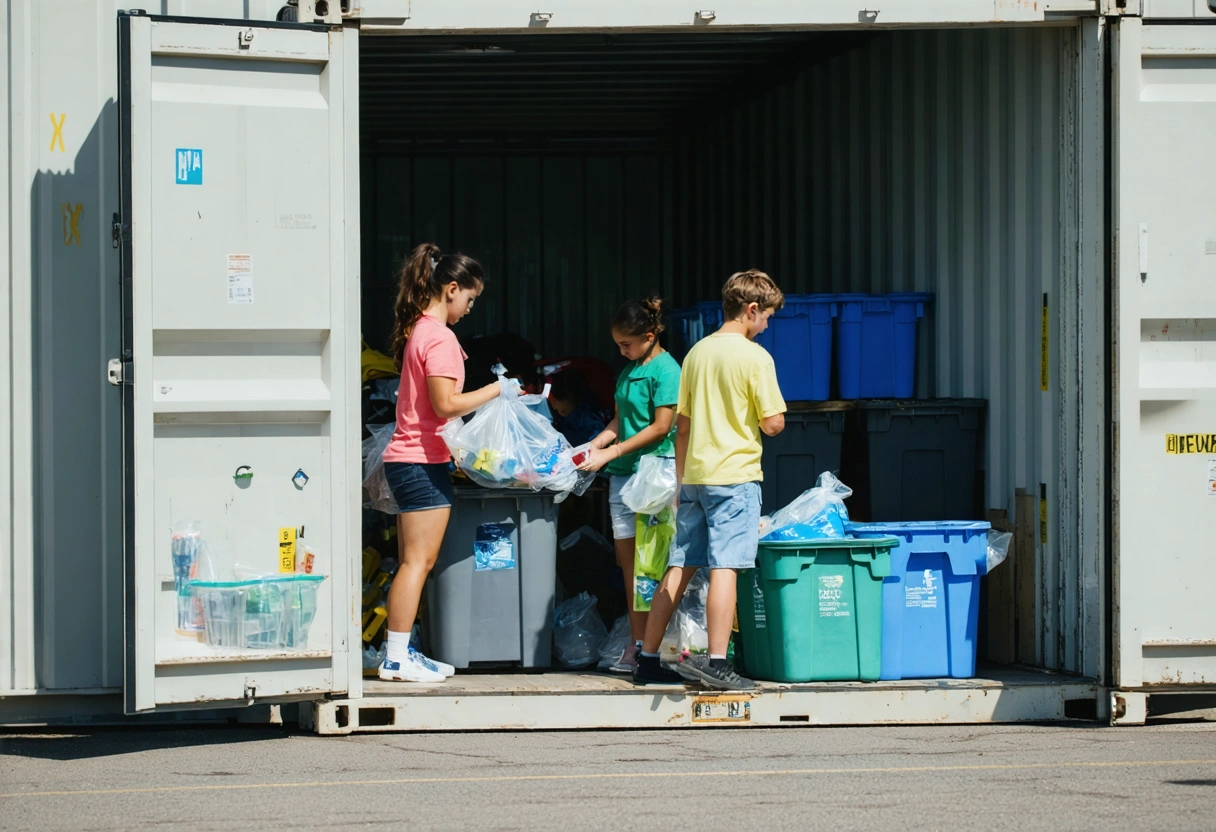 Family sorting and cleaning bins together inside a well-lit storage container with open doors