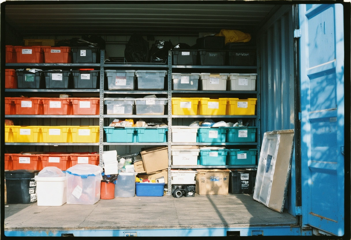 Storage container interior organized into seasonal zones with labeled bins and clear shelving