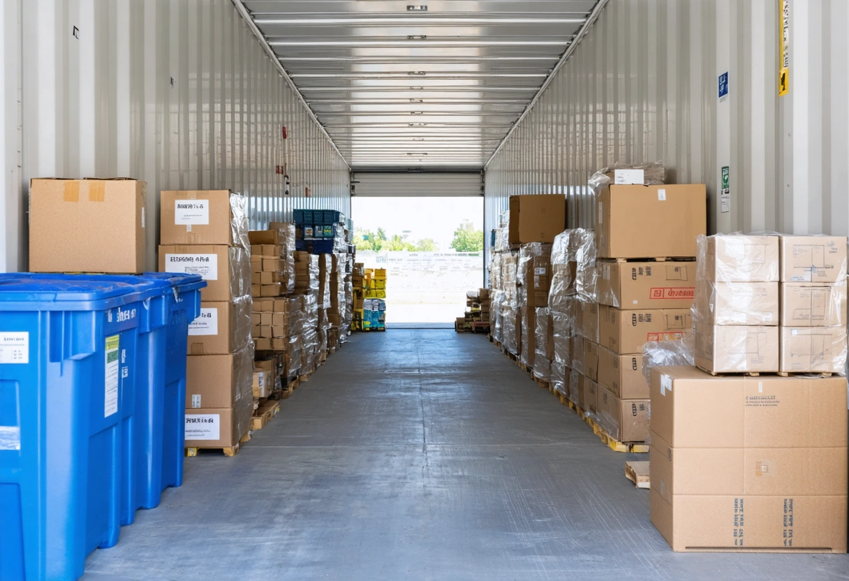 Storage container interior with clear center aisle, organized stacks, and layout map on door