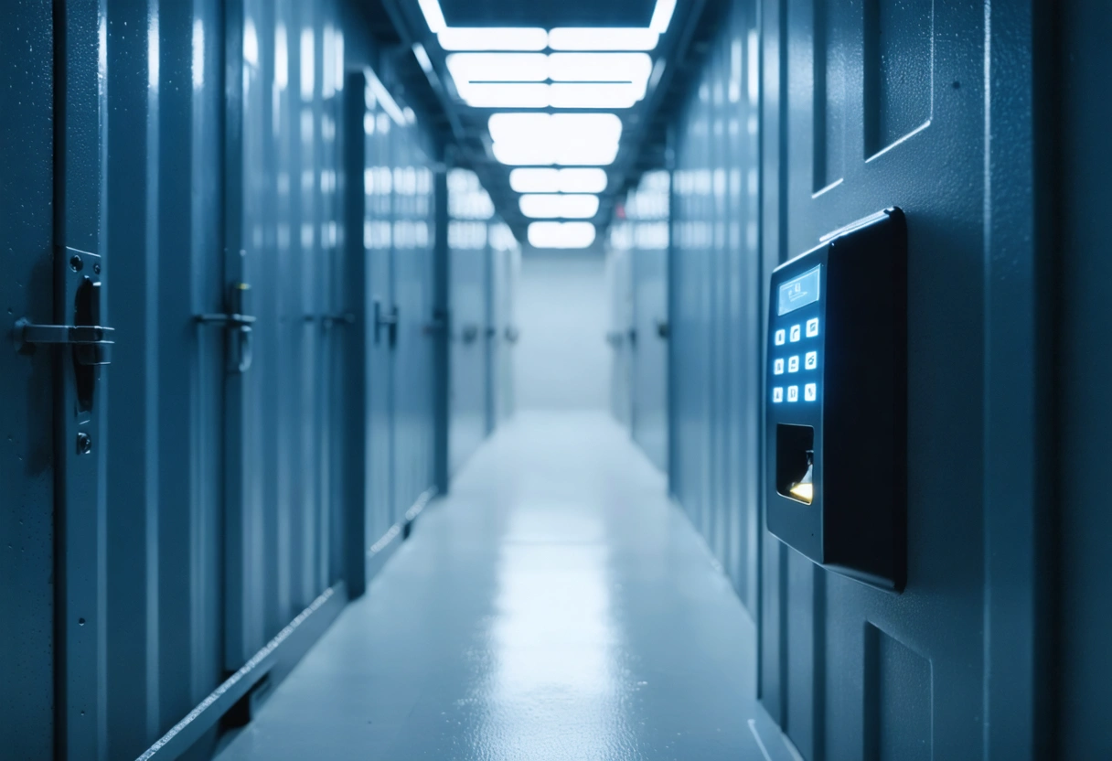 Digital access keypad and biometric fingerprint scanner on clean storage container door interior