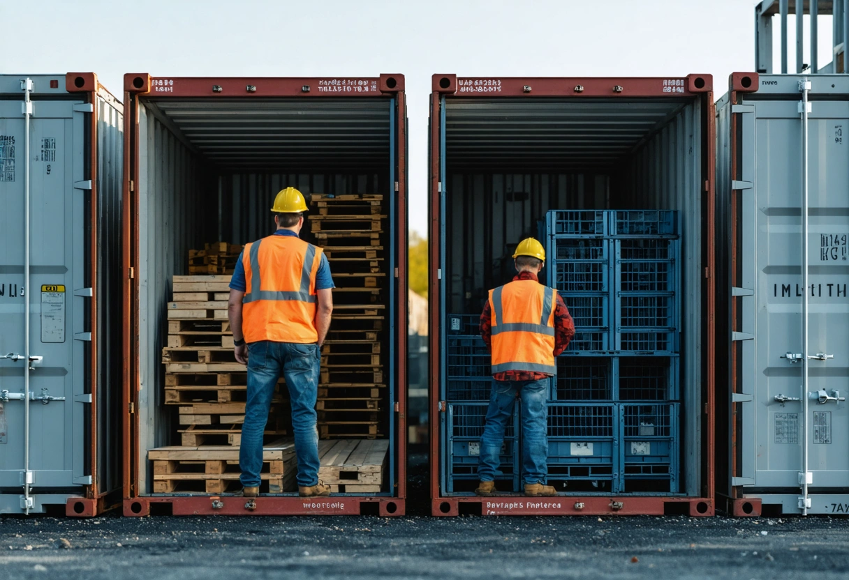Construction site with multiple trades using separate storage containers, clear work area divisions