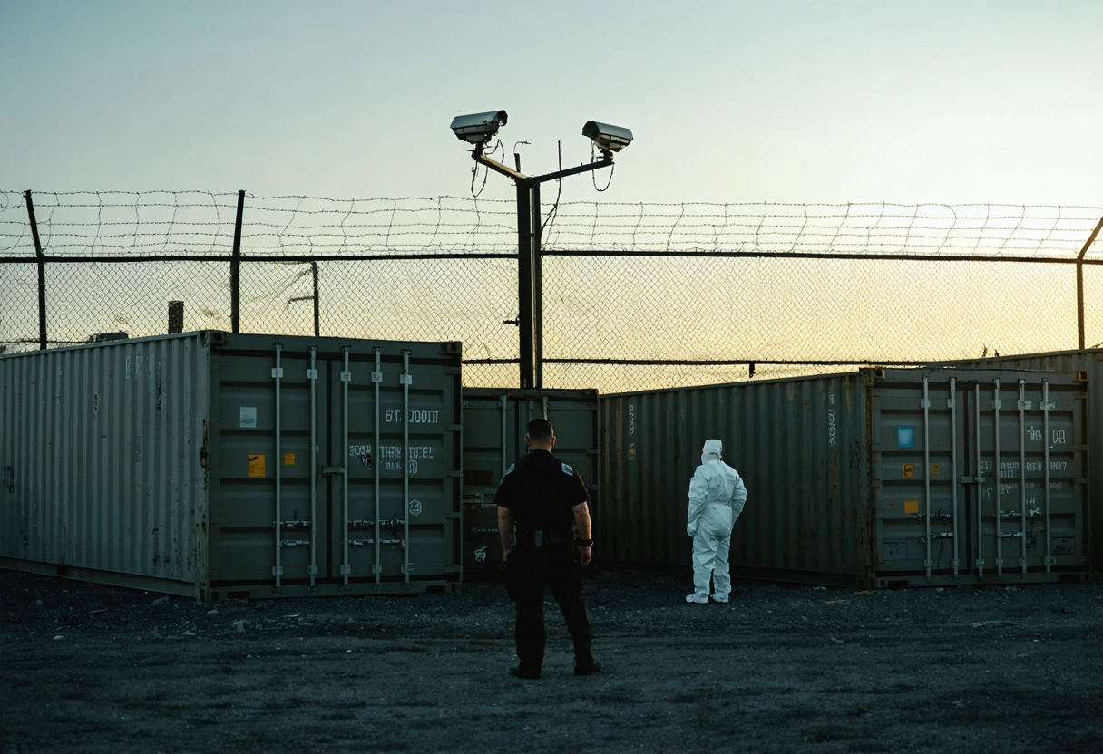 Storage containers behind barbed wire fence with security cameras and guard patrolling at dusk
