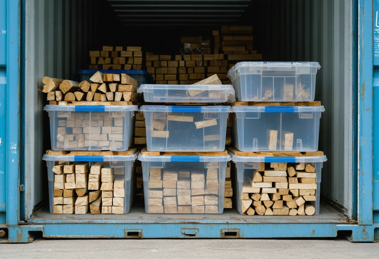 Clean storage container with sealed plastic bins and cedar blocks, pest-free and well-lit