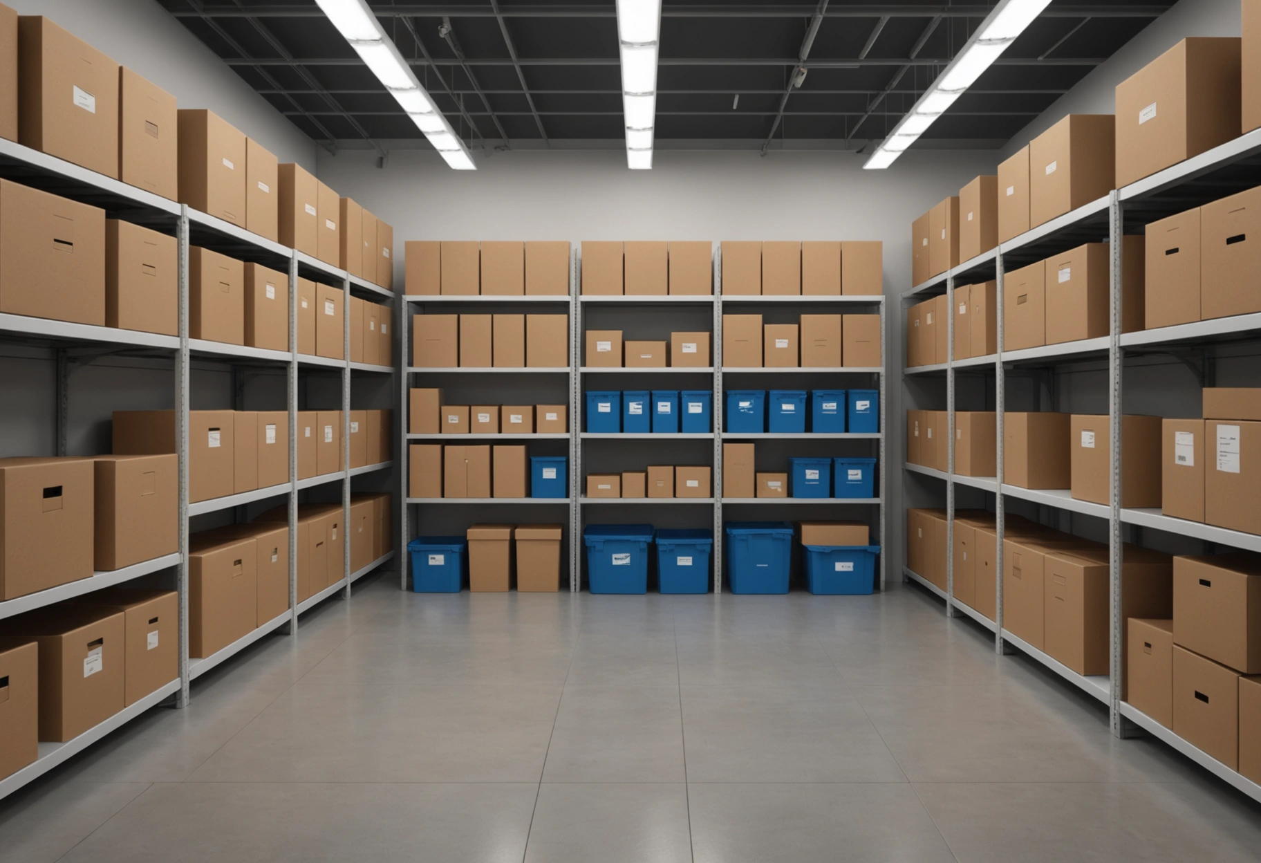 Well-lit and organized storage unit with labeled, color-coded boxes and covered furniture