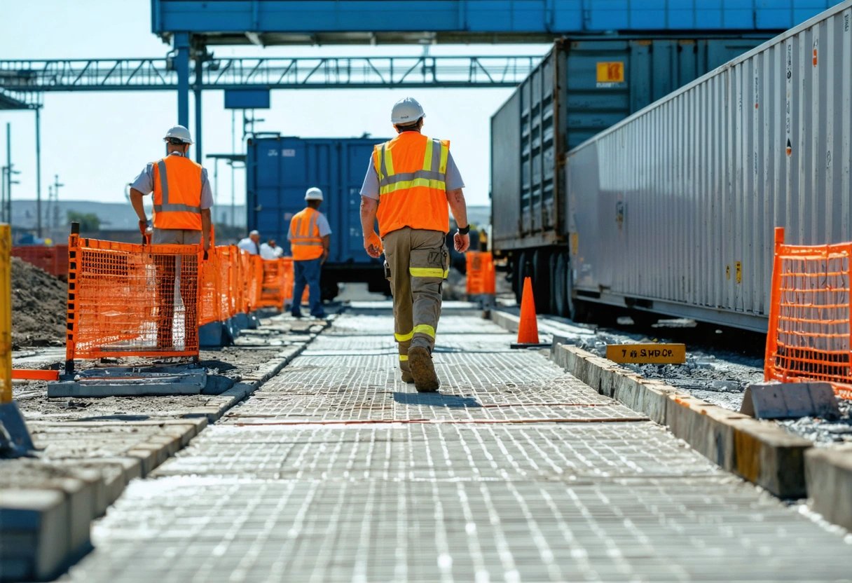 Construction site with clear walkways, portable storage container, workers moving safely, organized environment