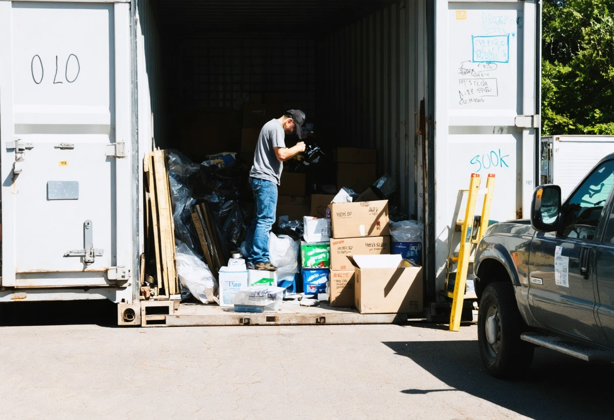 Person sorting labeled piles of items outside open storage container on a sunny day