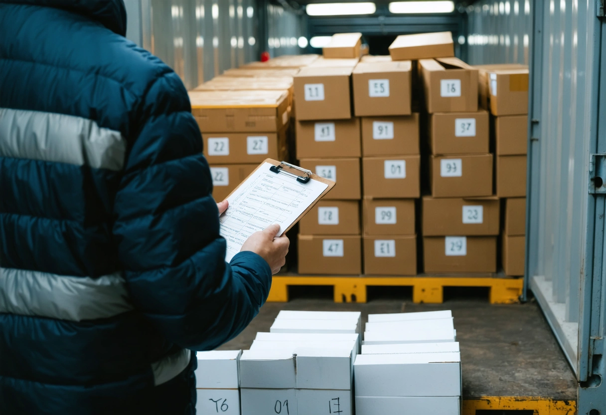 Person checking inventory list with clipboard inside organized storage container with numbered boxes