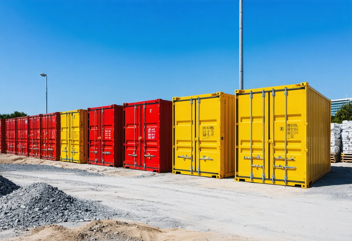 Row of labeled portable storage containers, neatly stacked materials, clean and organized construction site