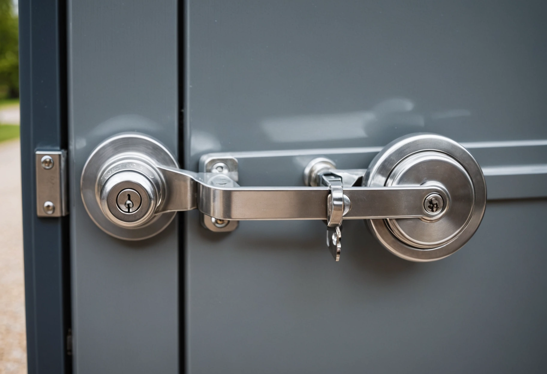 HClose-up of a secure stainless steel disc lock on a storage unit door