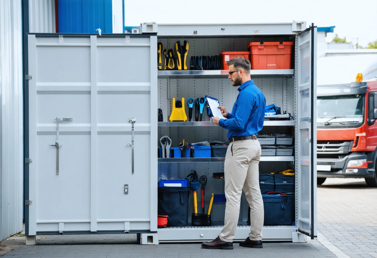 Site manager with checklist inspecting open storage container, organized tools and labeled shelves visible