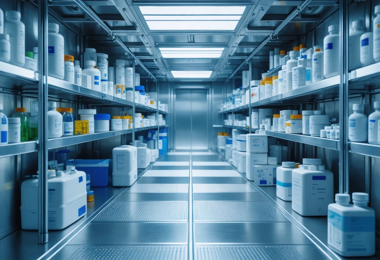 Climate-controlled storage container interior with organized medical equipment and pharmaceuticals under sterile lighting