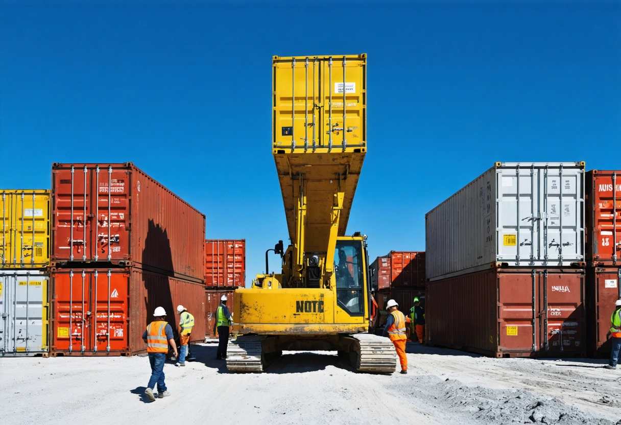 Busy construction site with stacked steel storage containers, workers moving equipment, clear sky, efficient atmosphere