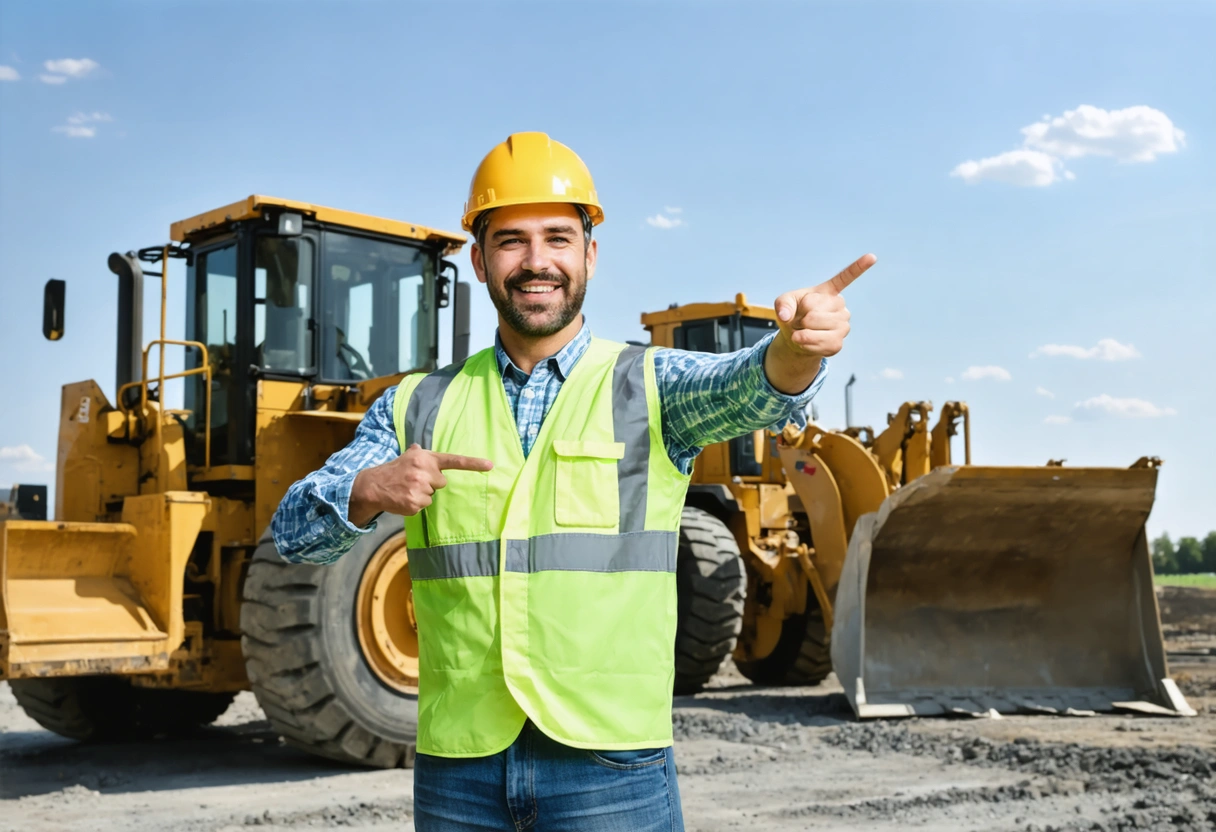 Construction foreman pointing to secure storage container, happy team and heavy machinery in background, sunny day