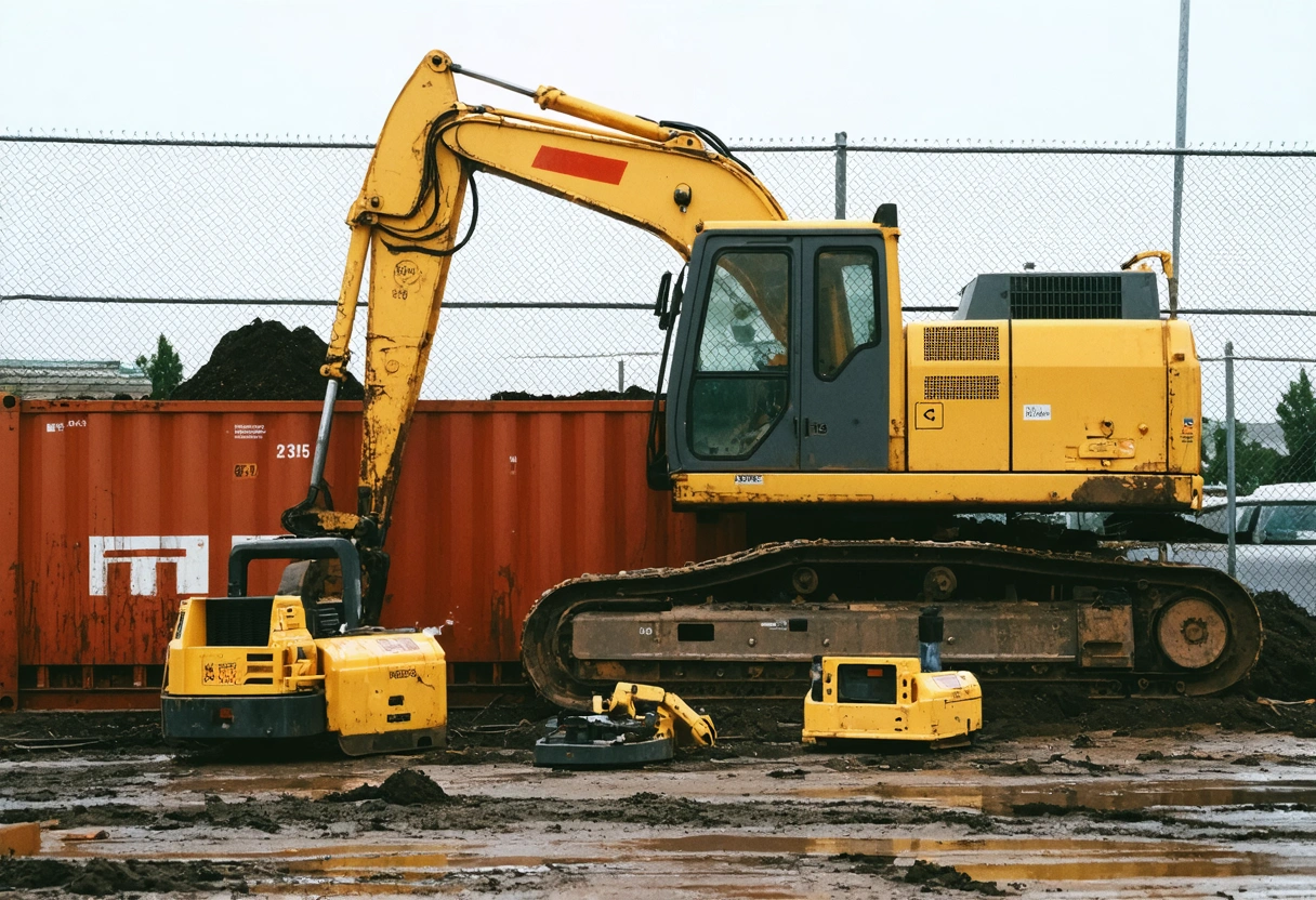 Construction site with yellow excavator and tools beside locked storage container, chain link fence behind