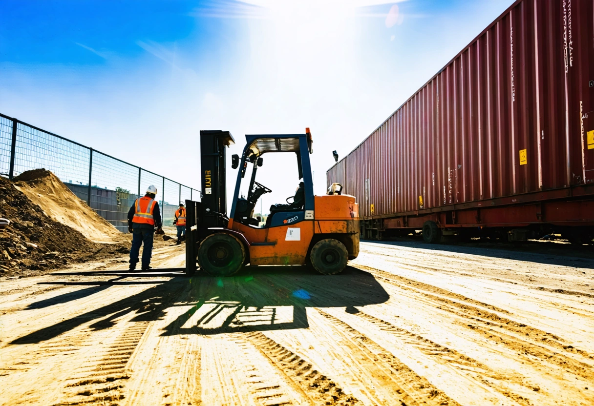 Forklift moves steel storage container at construction site with workers in safety vests nearby