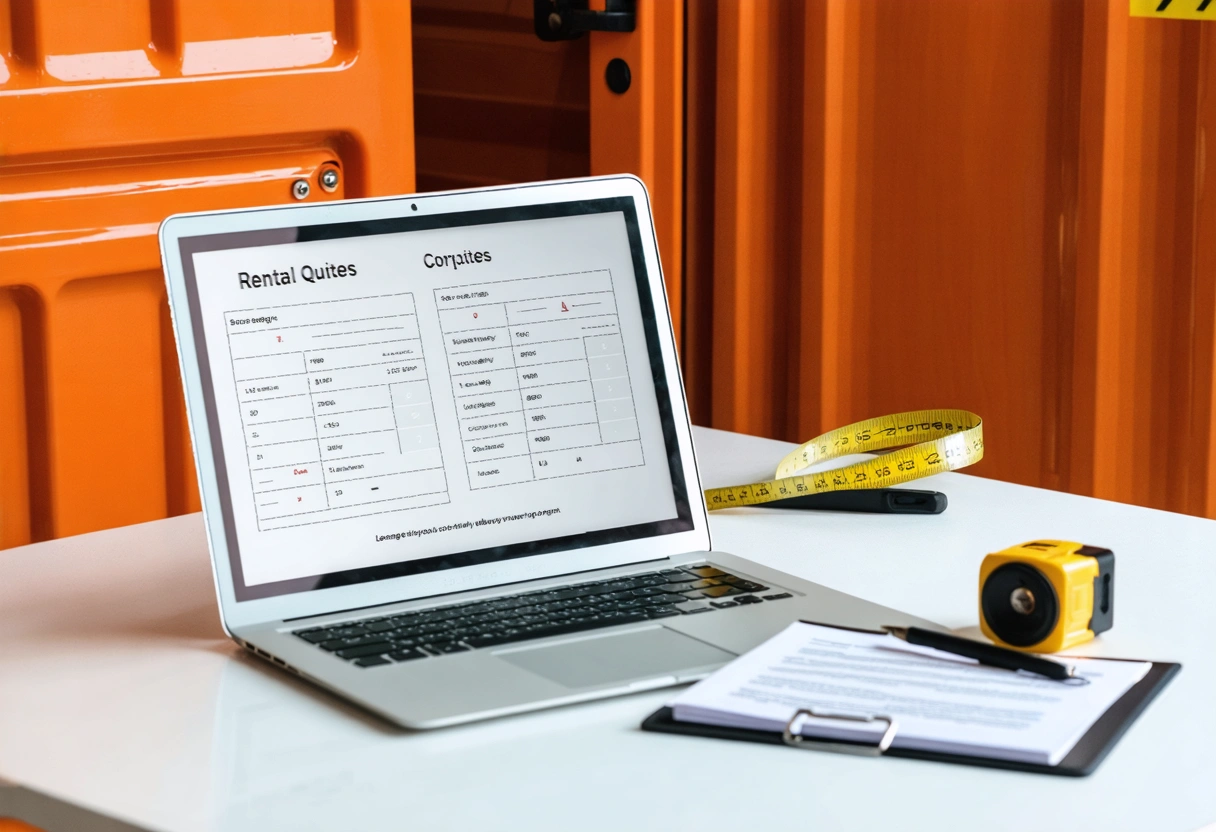 Person comparing storage container rental quotes on laptop with checklist and measuring tape nearby