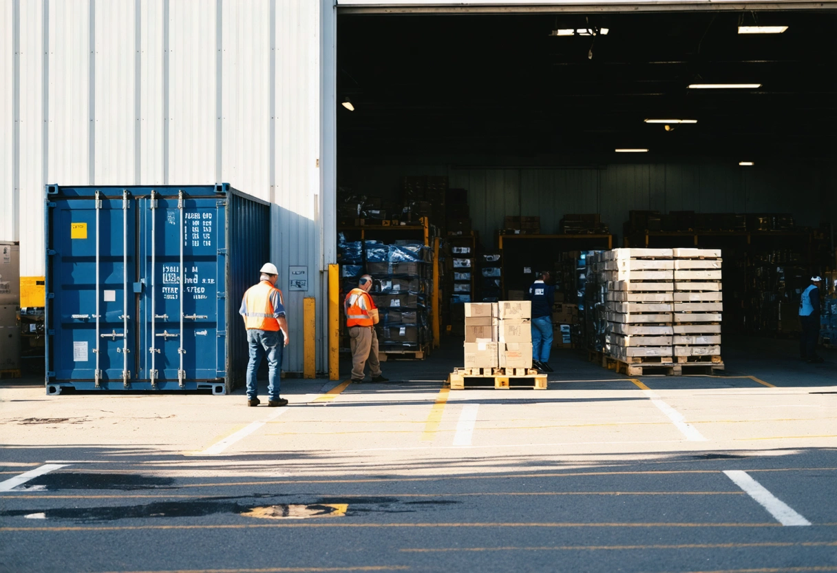 Employees load inventory into steel storage container beside retail shop in parking lot