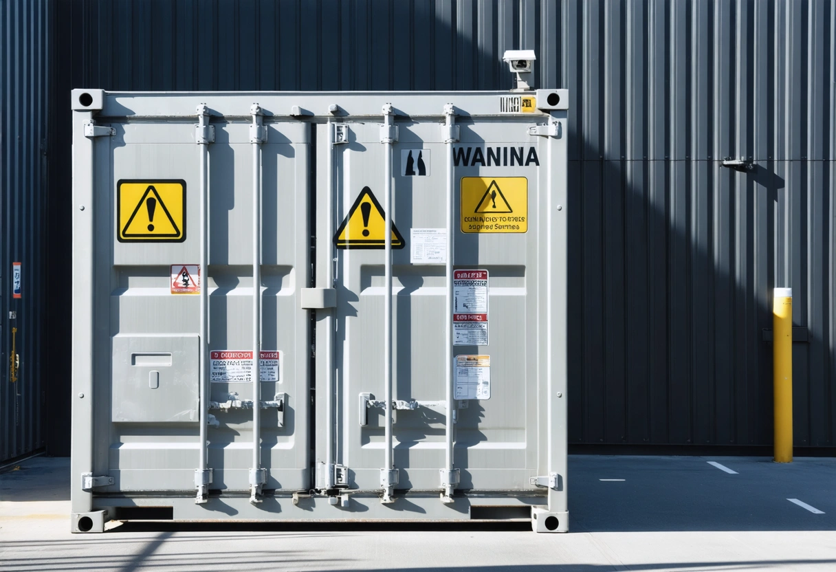 Secure storage container in business setting with compliance signage, warning labels, and visible security camera