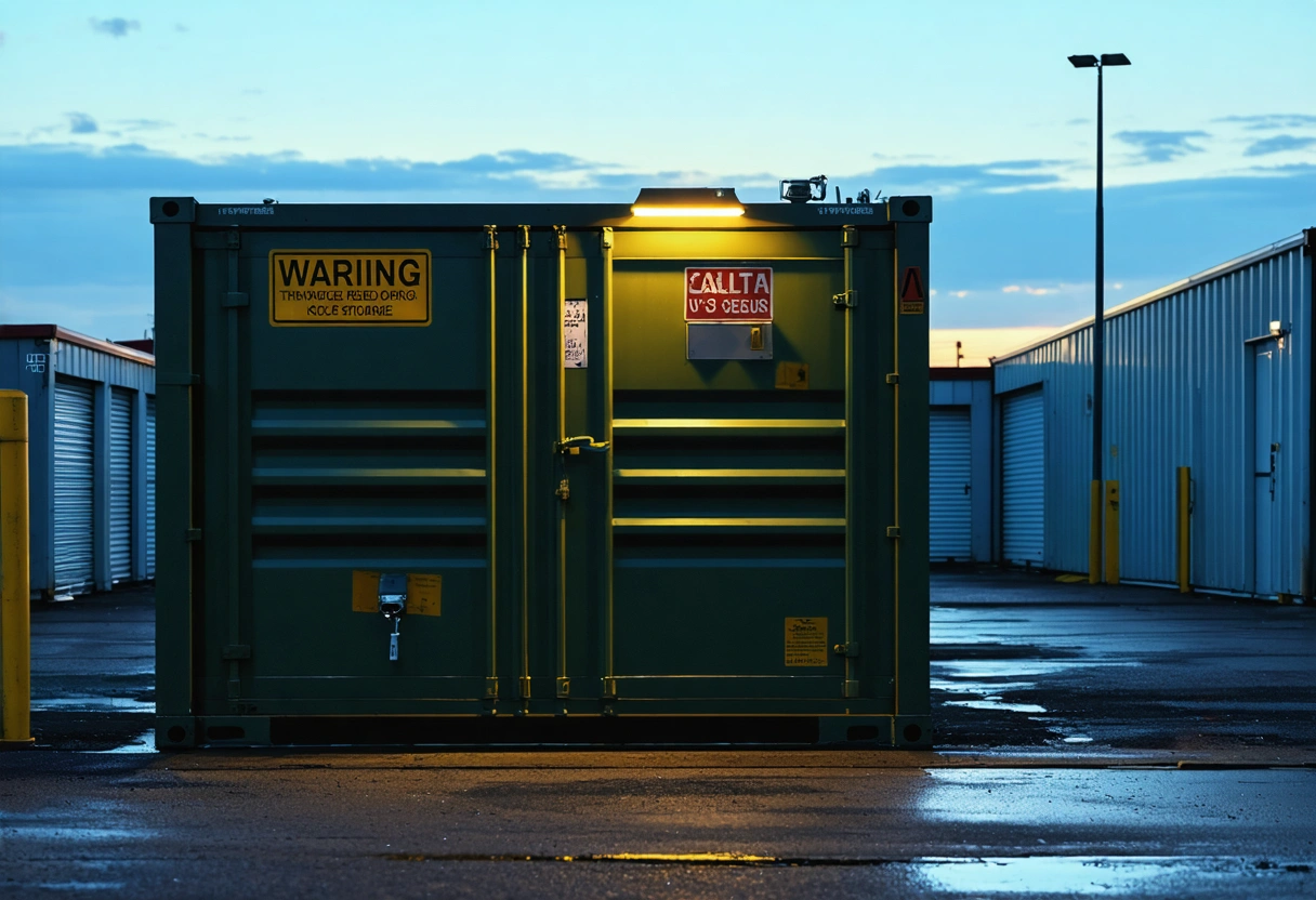 Secure storage container with reinforced lock, motion sensor light, and warning sign at dusk